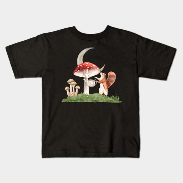 Cottagecore Surrealistic Squirrel Watering Mushroom Kids T-Shirt by Souls.Print